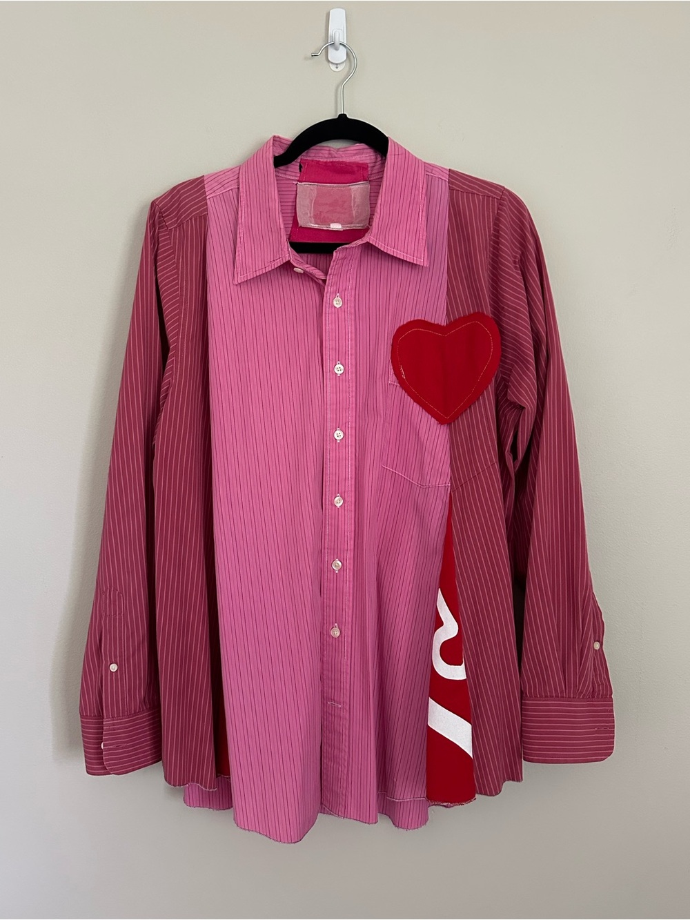 Upcycled Pink Stripe Heart Patch Button Down Shirt XL Valentine Boho Patchwork